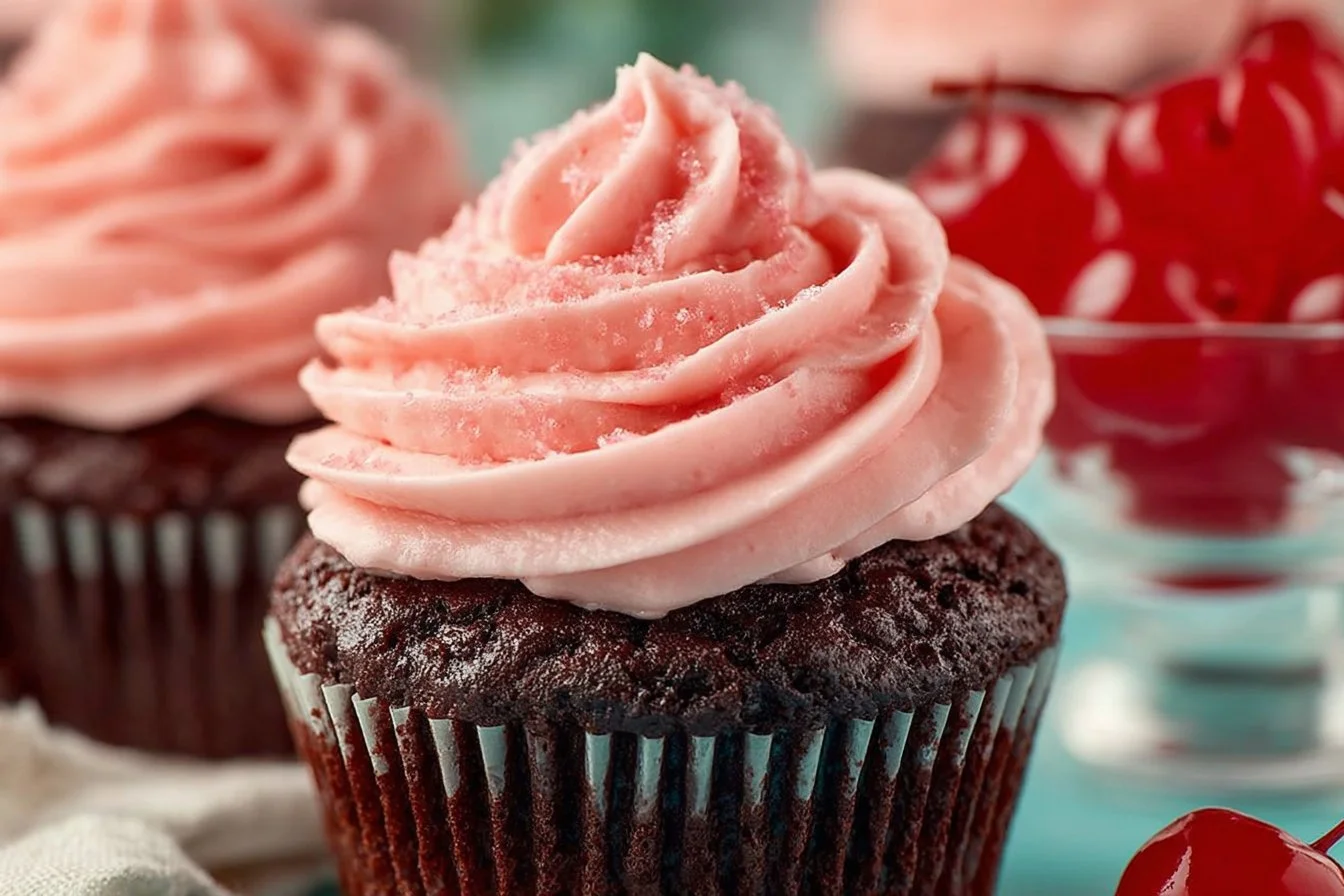 Delicious maraschino cherry buttercream frosting on a cake