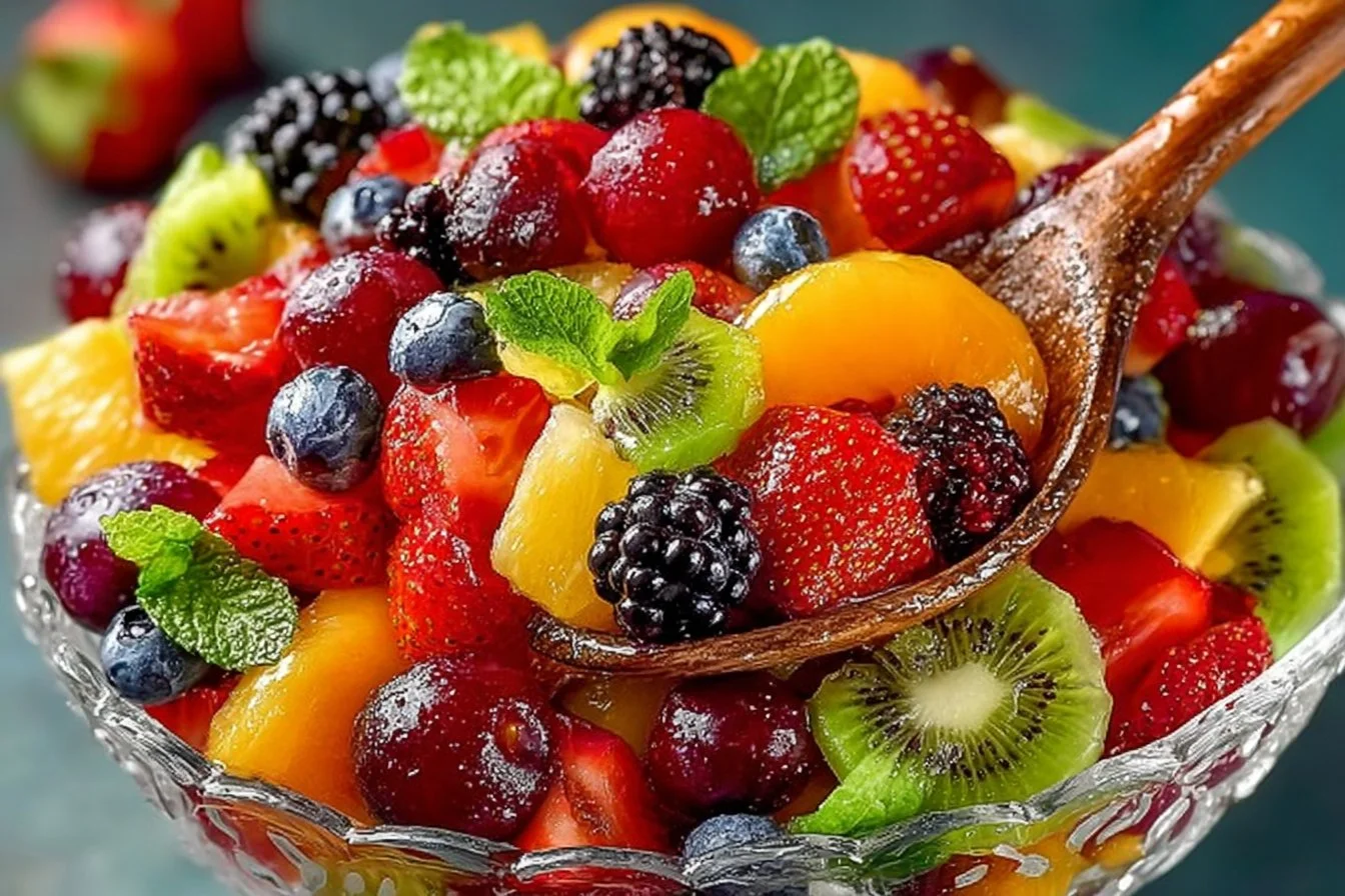Colorful mixed fruit salad in a bowl with fresh seasonal fruits