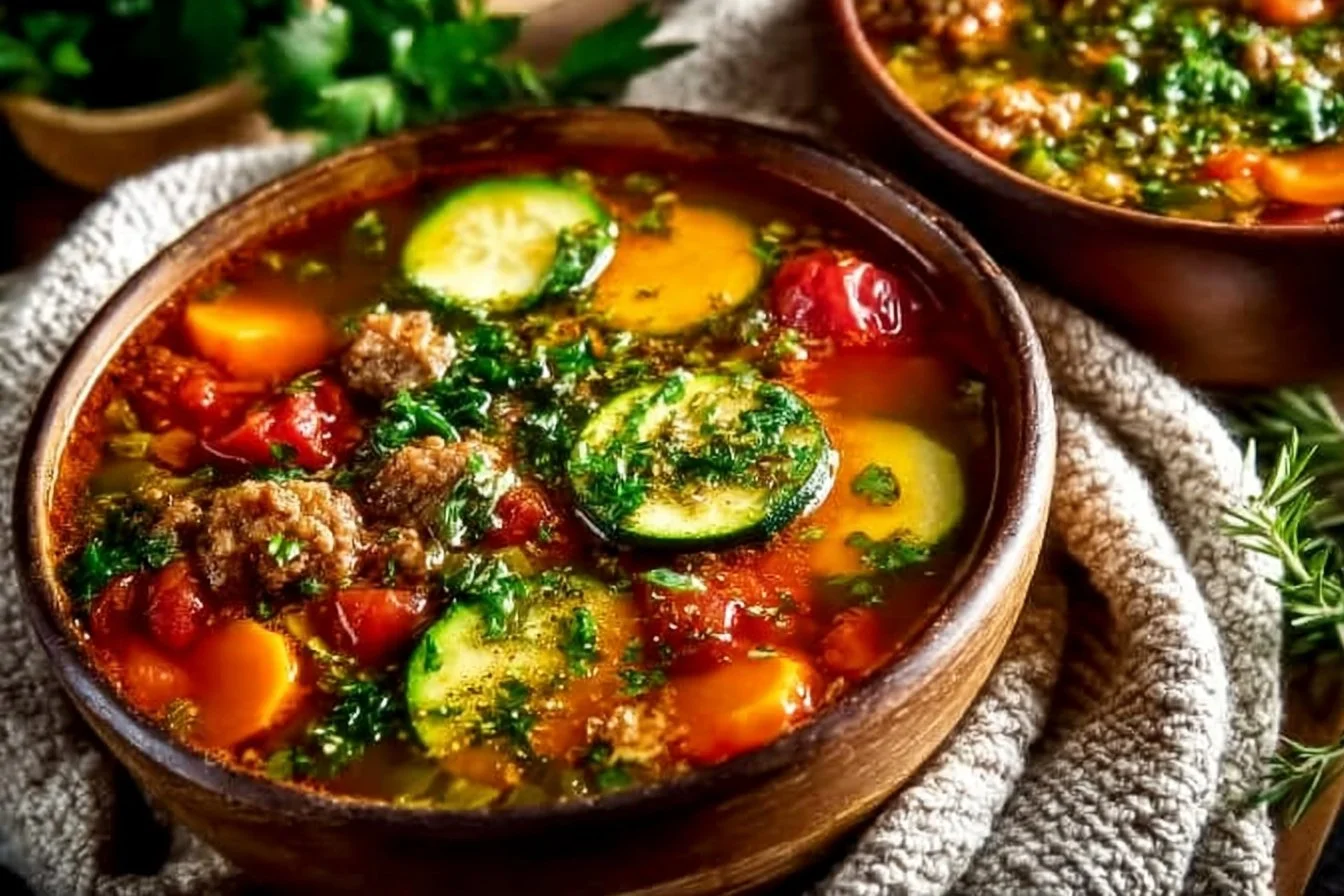 A bowl of turkey vegetable soup with colorful vegetables and herbs