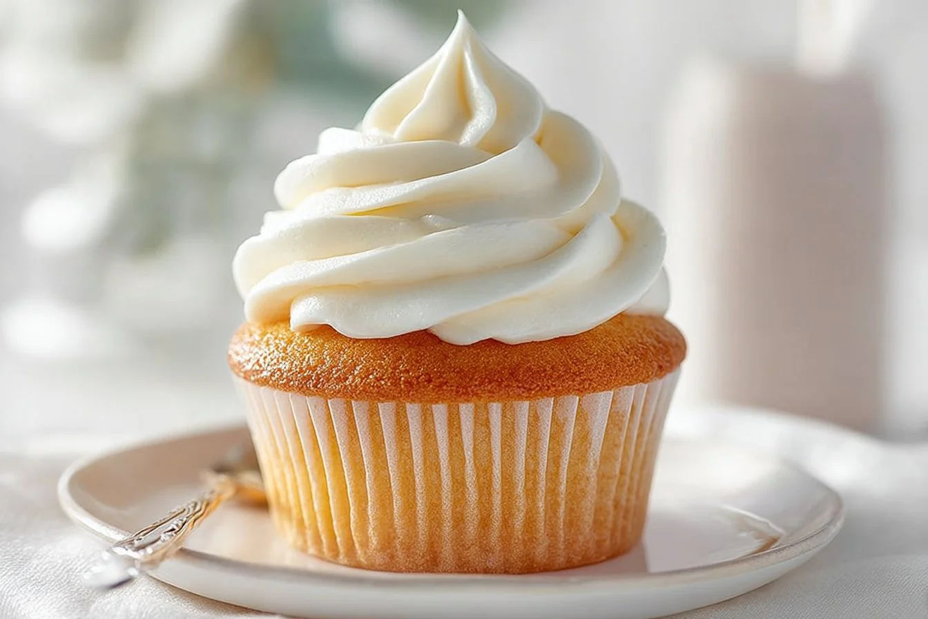 Delicious vanilla cupcakes with creamy vanilla buttercream frosting
