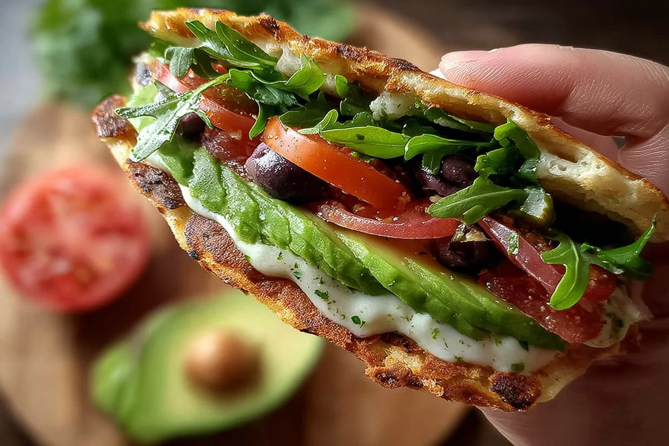 High protein cottage cheese wrap on a plate garnished with fresh vegetables.