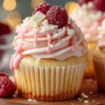 Delicious white chocolate raspberry cupcakes topped with fresh raspberries