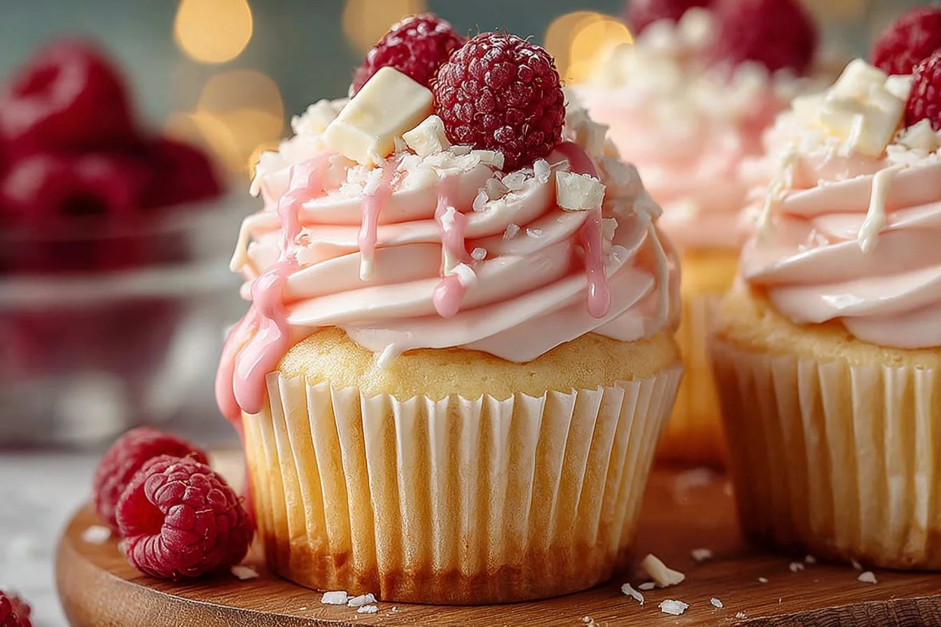 Delicious white chocolate raspberry cupcakes topped with fresh raspberries