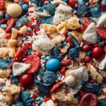Colorful 4th of July snack mix featuring red, white, and blue ingredients.