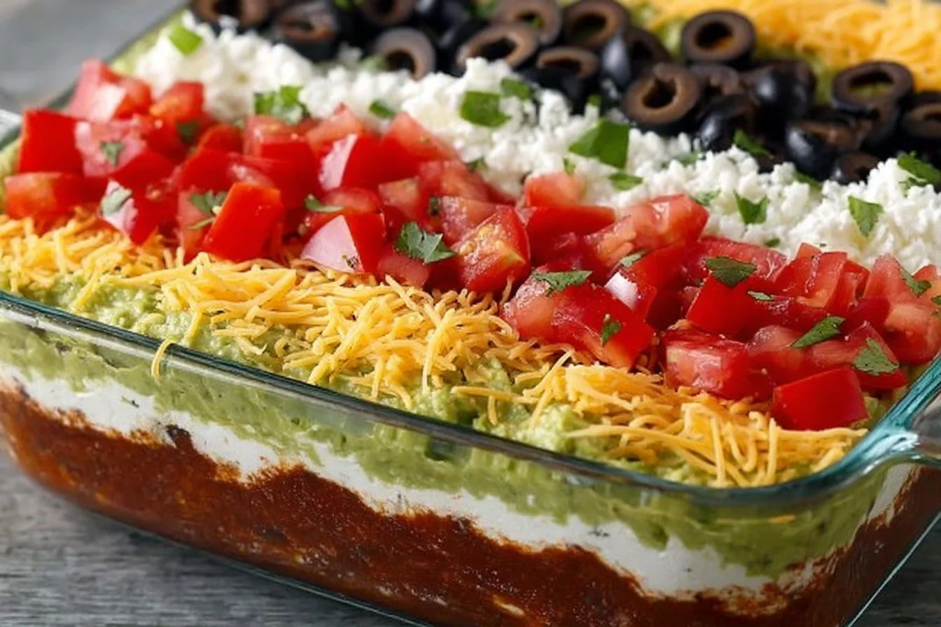 American Flag Layered Taco Dip served in a festive dish