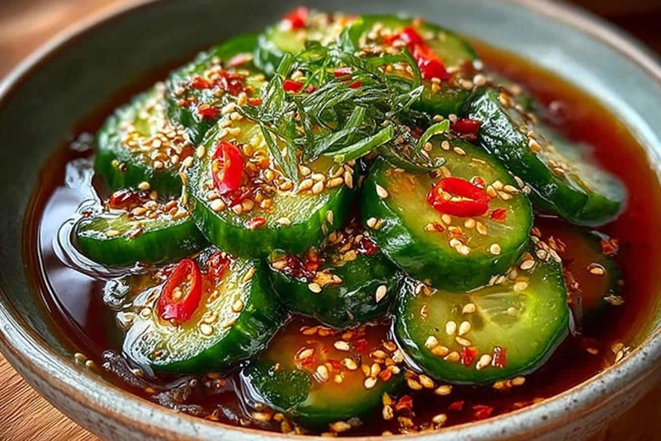 Bowl of Asian cucumber salad with fresh vegetables and sesame dressing