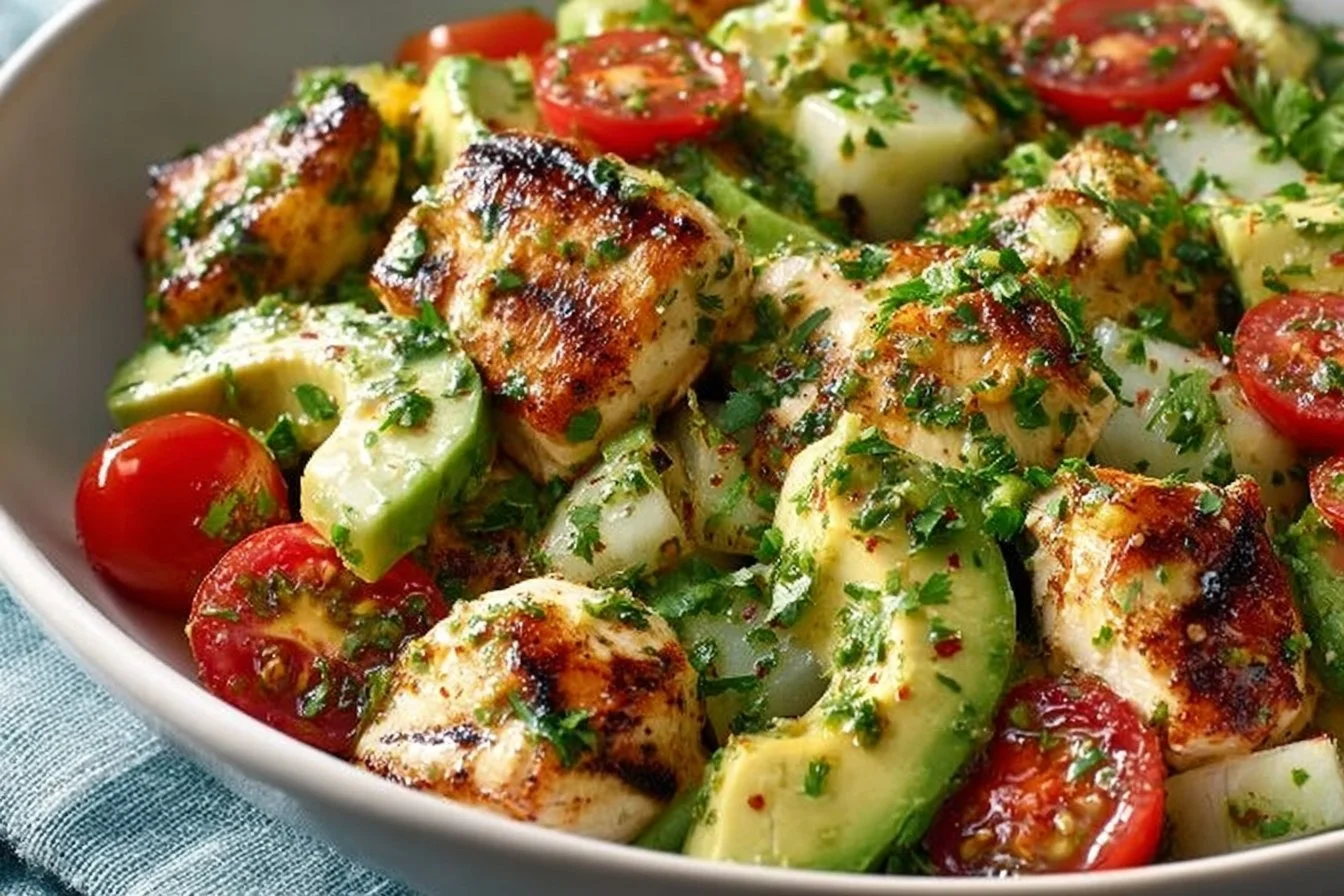 A delicious avocado chicken salad served in a bowl, garnished with fresh herbs.