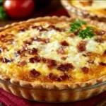 Delicious homemade Bacon and Cheese Quiche served on a plate