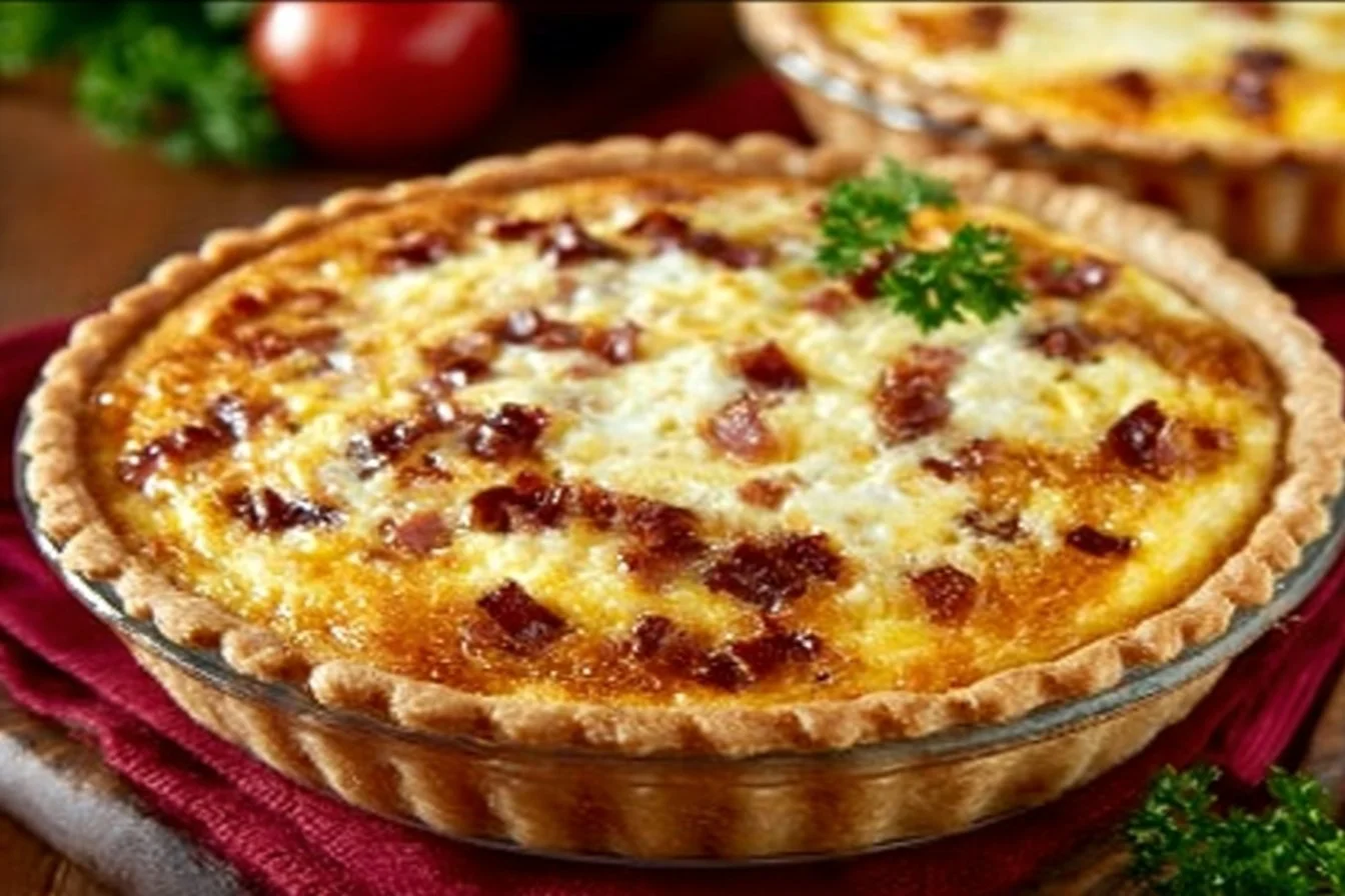 Delicious homemade Bacon and Cheese Quiche served on a plate