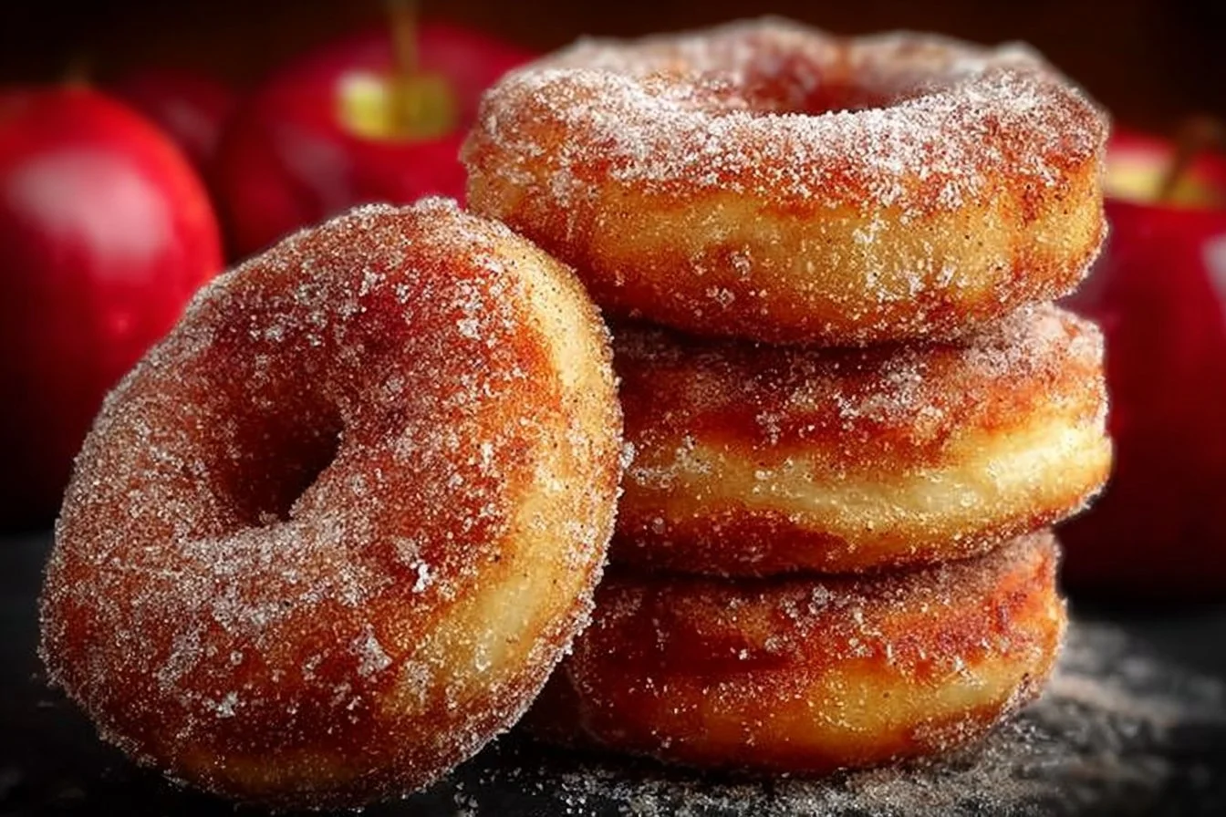 Freshly baked apple donuts with cinnamon and sugar topping on a rustic wooden table.