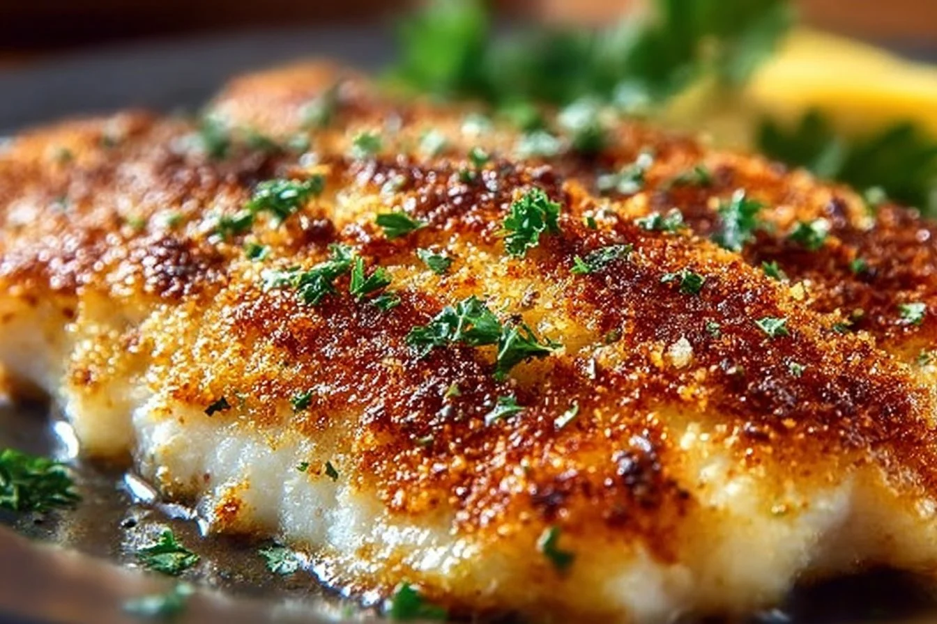 Baked Parmesan Crusted Tilapia on a plate garnished with herbs