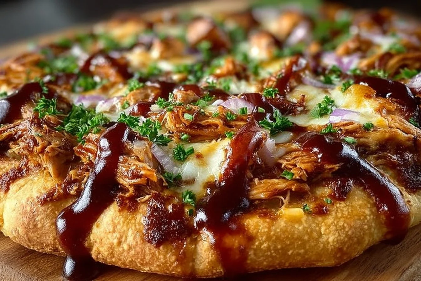 Delicious BBQ chicken pizza topped with chicken, BBQ sauce, and cheese.
