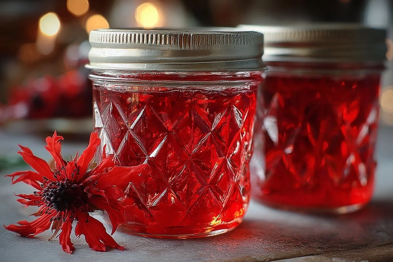 Homemade Bee Balm Jelly in a jar with fresh bee balm leaves.