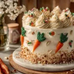 Deliciously moist carrot cake topped with cream cheese frosting