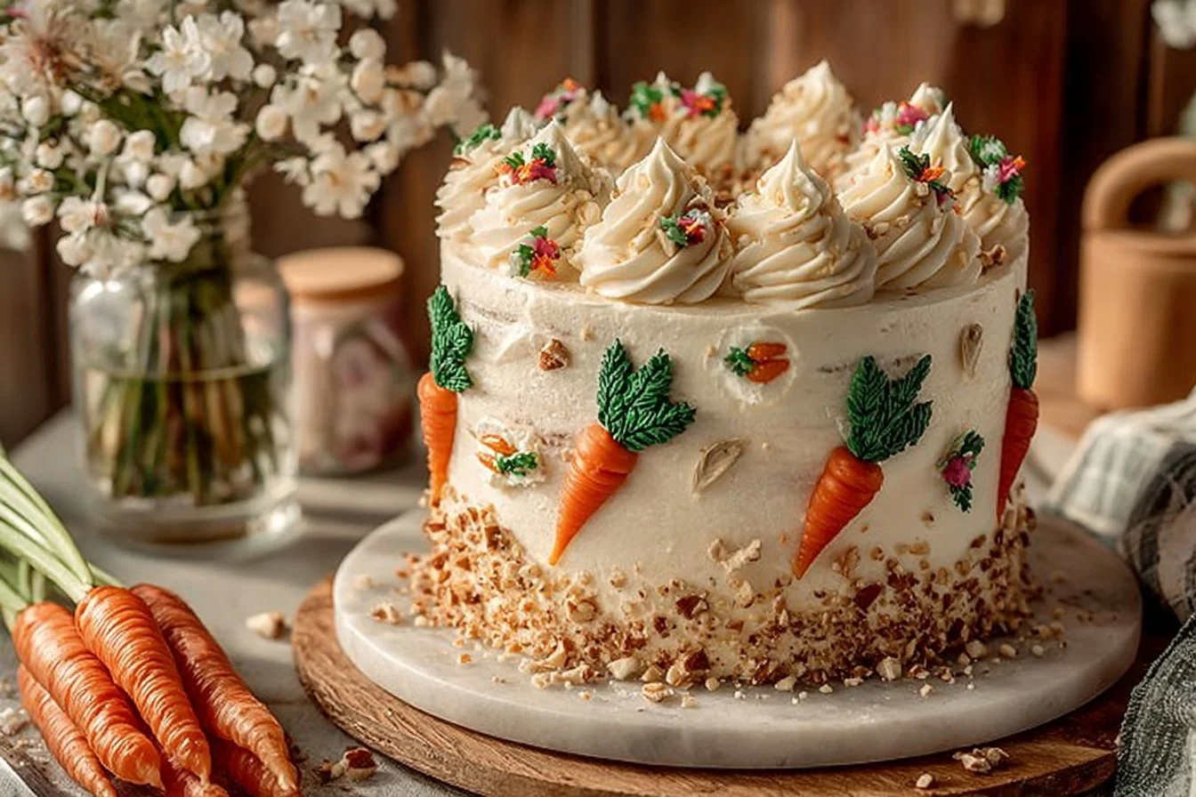 Deliciously moist carrot cake topped with cream cheese frosting