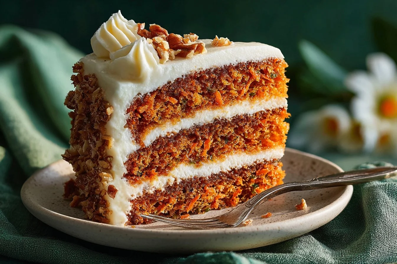 Delicious slice of best ever carrot cake with cream cheese frosting