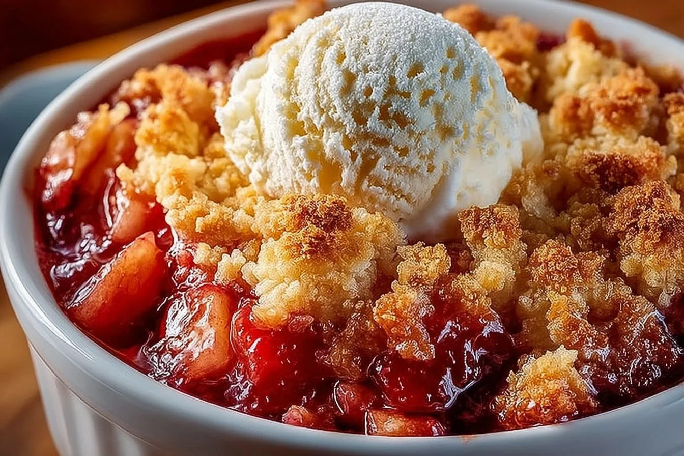 Delicious homemade rhubarb crisp with a crunchy topping