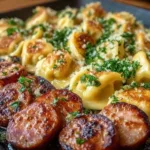 Delicious Blackstone grilled kielbasa served with tortellini in a colorful presentation.