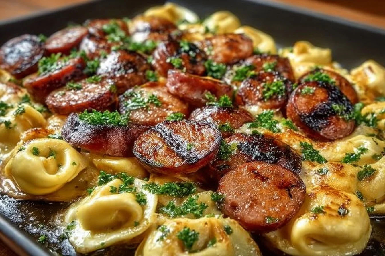 Delicious Blackstone grilled kielbasa and tortellini dish on a plate.