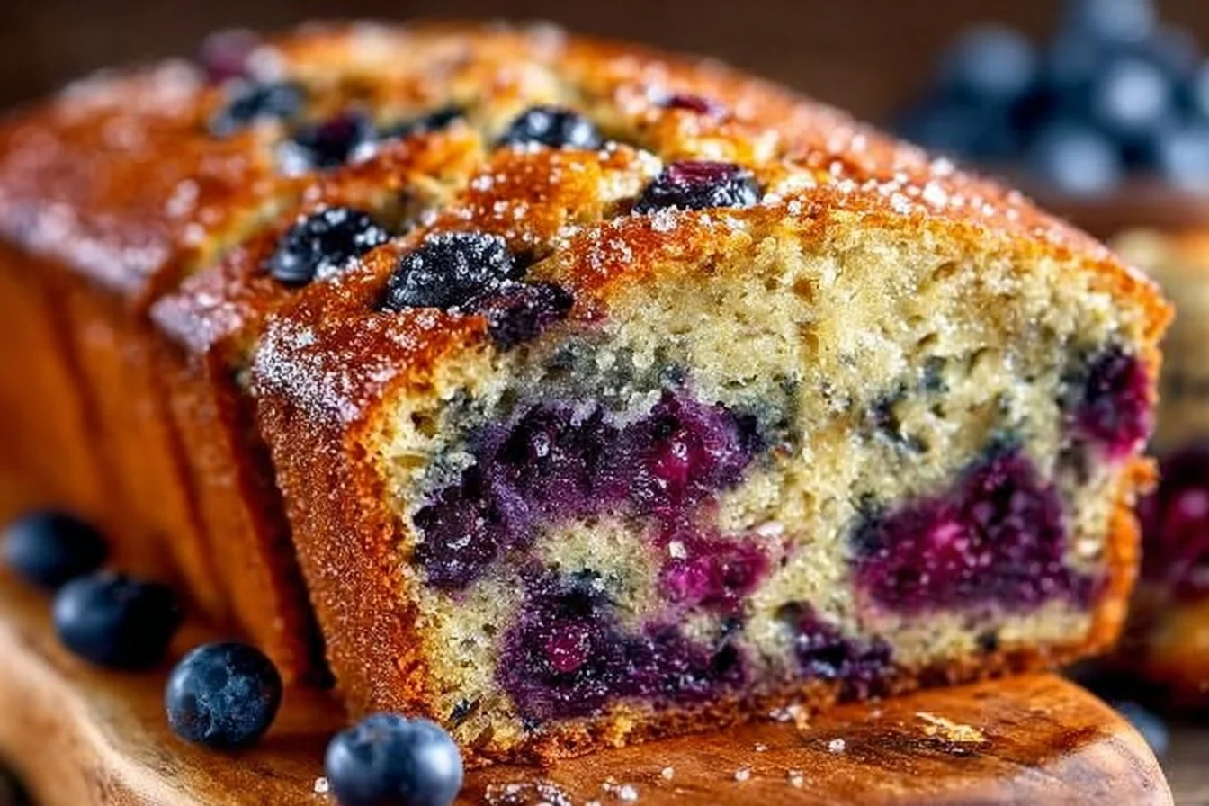 Freshly baked blueberry banana bread loaf with blueberries and bananas