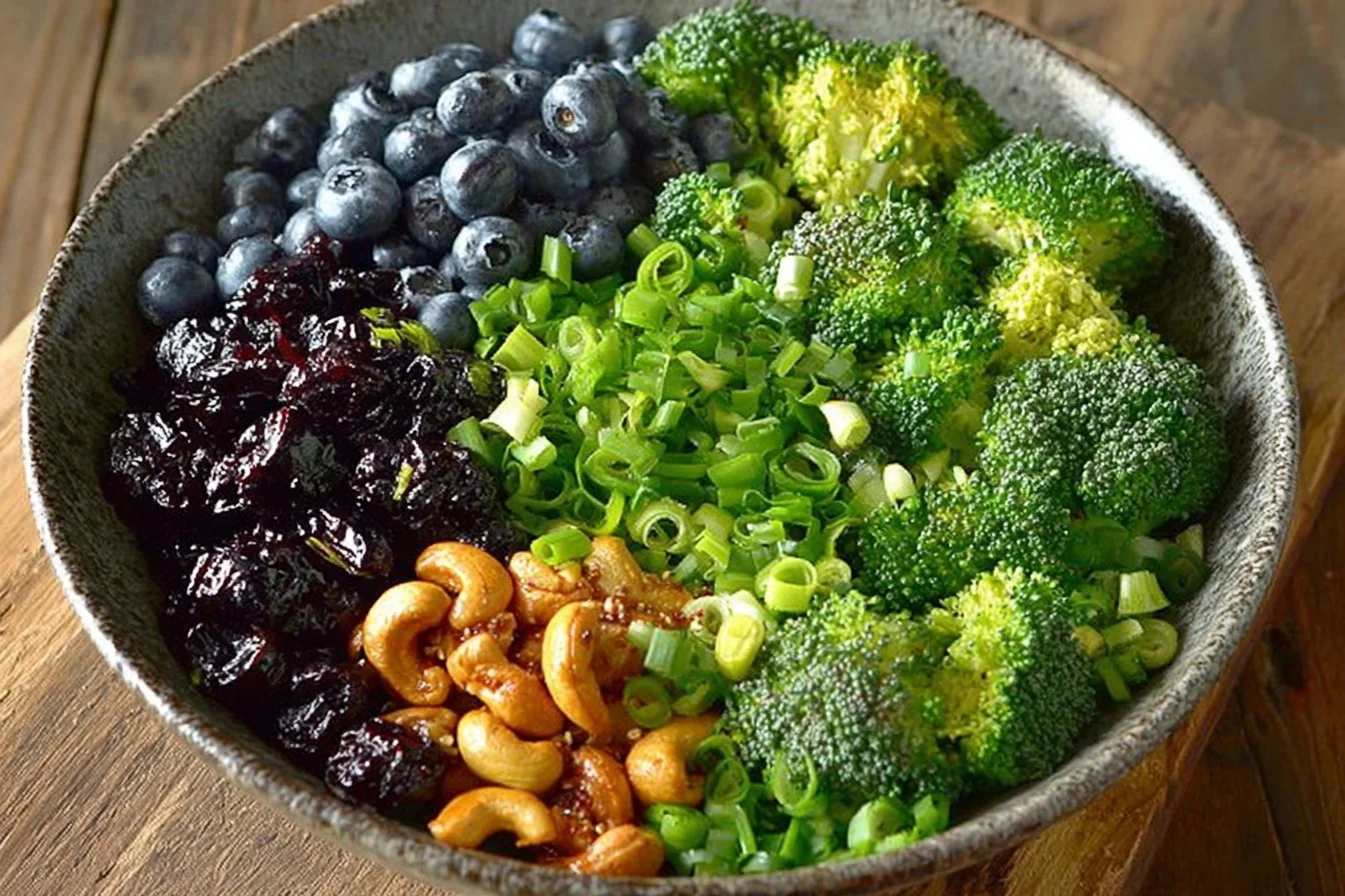 Colorful Blueberry Lemon Poppyseed Broccoli Salad with fresh ingredients