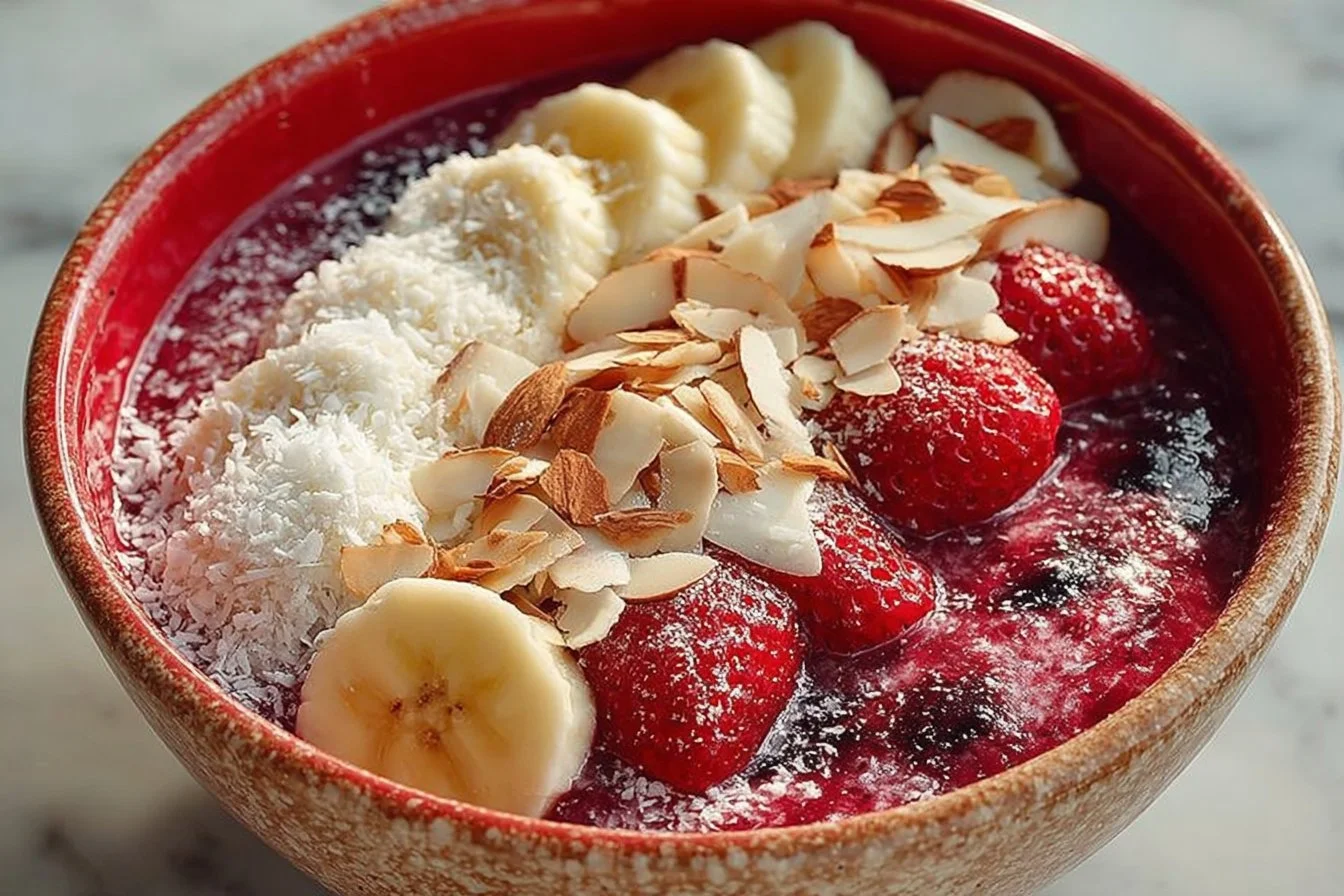Delicious blueberry smoothie bowl topped with fruits and nuts