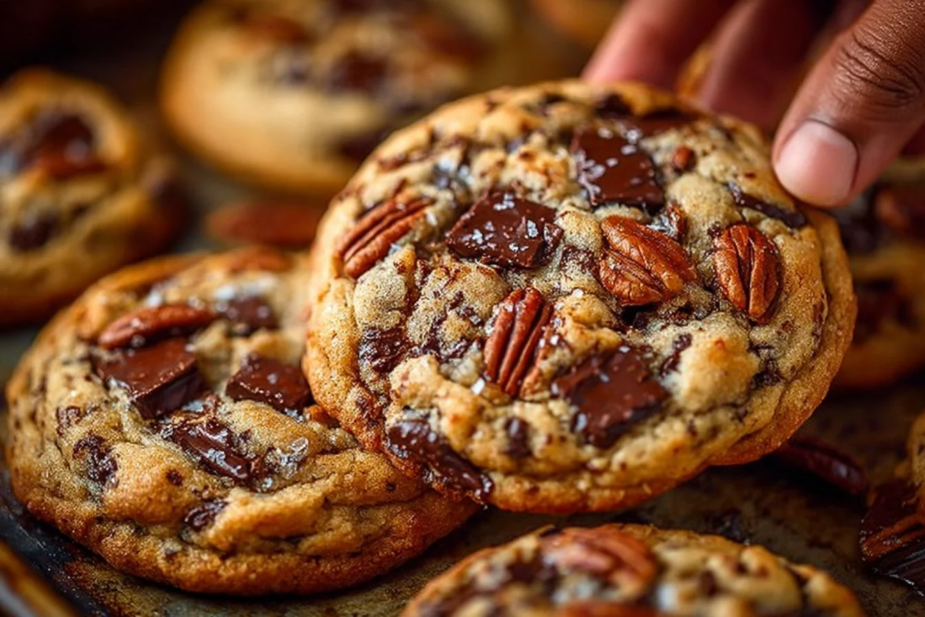 Delicious brown butter bourbon pecan chocolate chunk cookies on a plate.