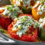 Buffalo Chicken Stuffed Peppers garnished with herbs on a plate