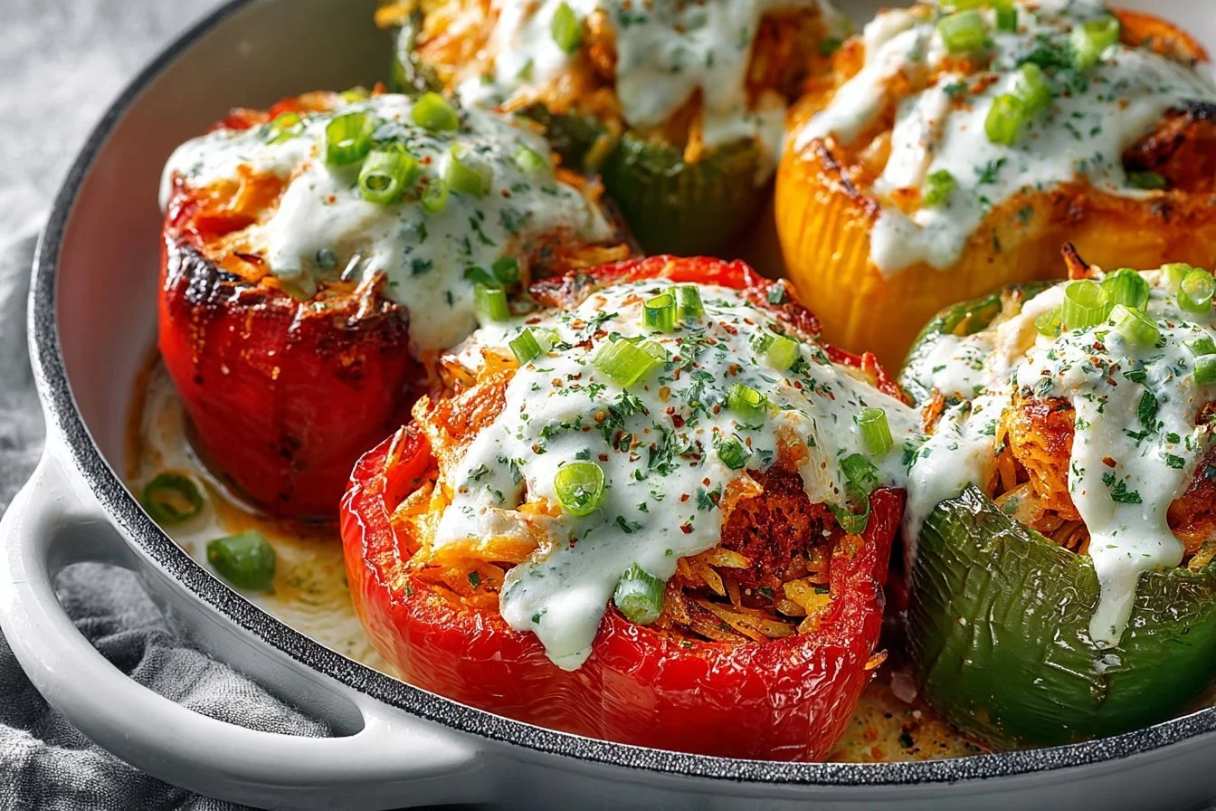 Buffalo Chicken Stuffed Peppers garnished with herbs on a plate