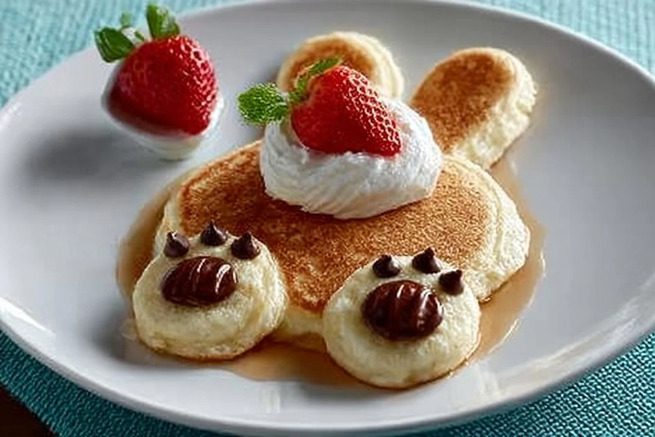 Fluffy Bunny Butt Pancakes served with fruit and syrup