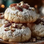 Buttery pecan snowball cookies dusted with powdered sugar on a plate