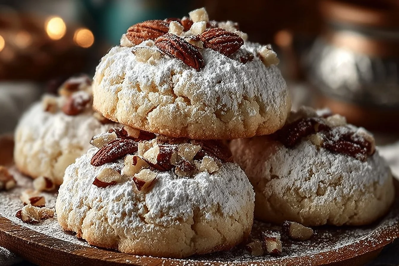 Buttery pecan snowball cookies dusted with powdered sugar on a plate