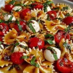 Colorful Caprese Pasta Salad with tomatoes, mozzarella, and basil
