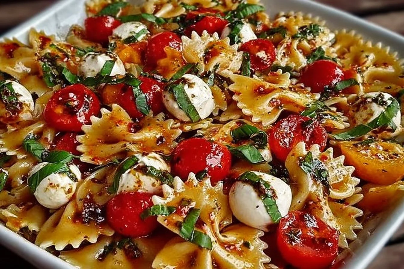 Colorful Caprese Pasta Salad with tomatoes, mozzarella, and basil
