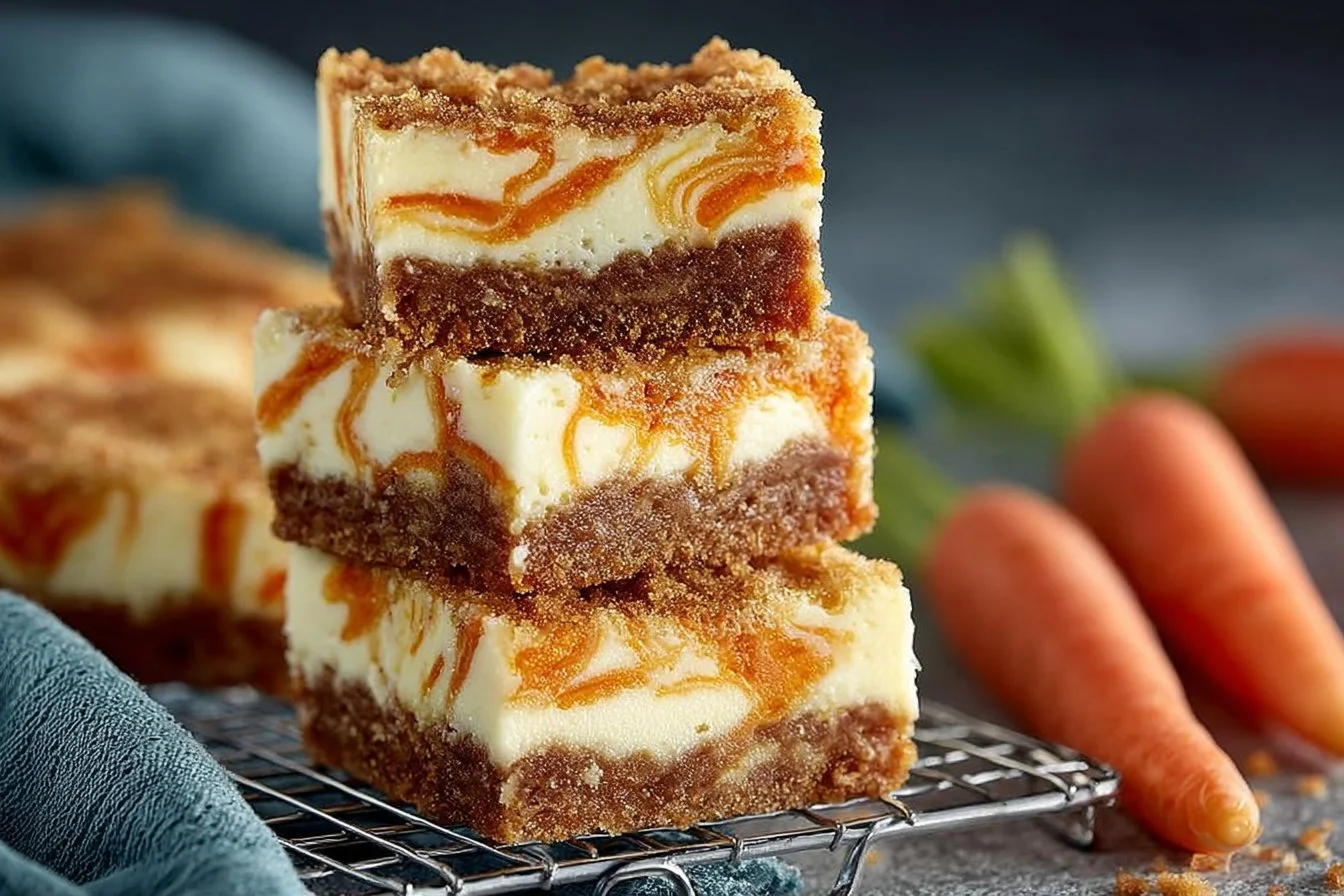 Delicious carrot cake cheesecake bars topped with cream cheese frosting