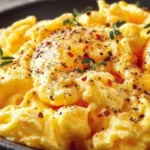 Delicious Cheesy Scrambled Eggs served on a plate with herbs.