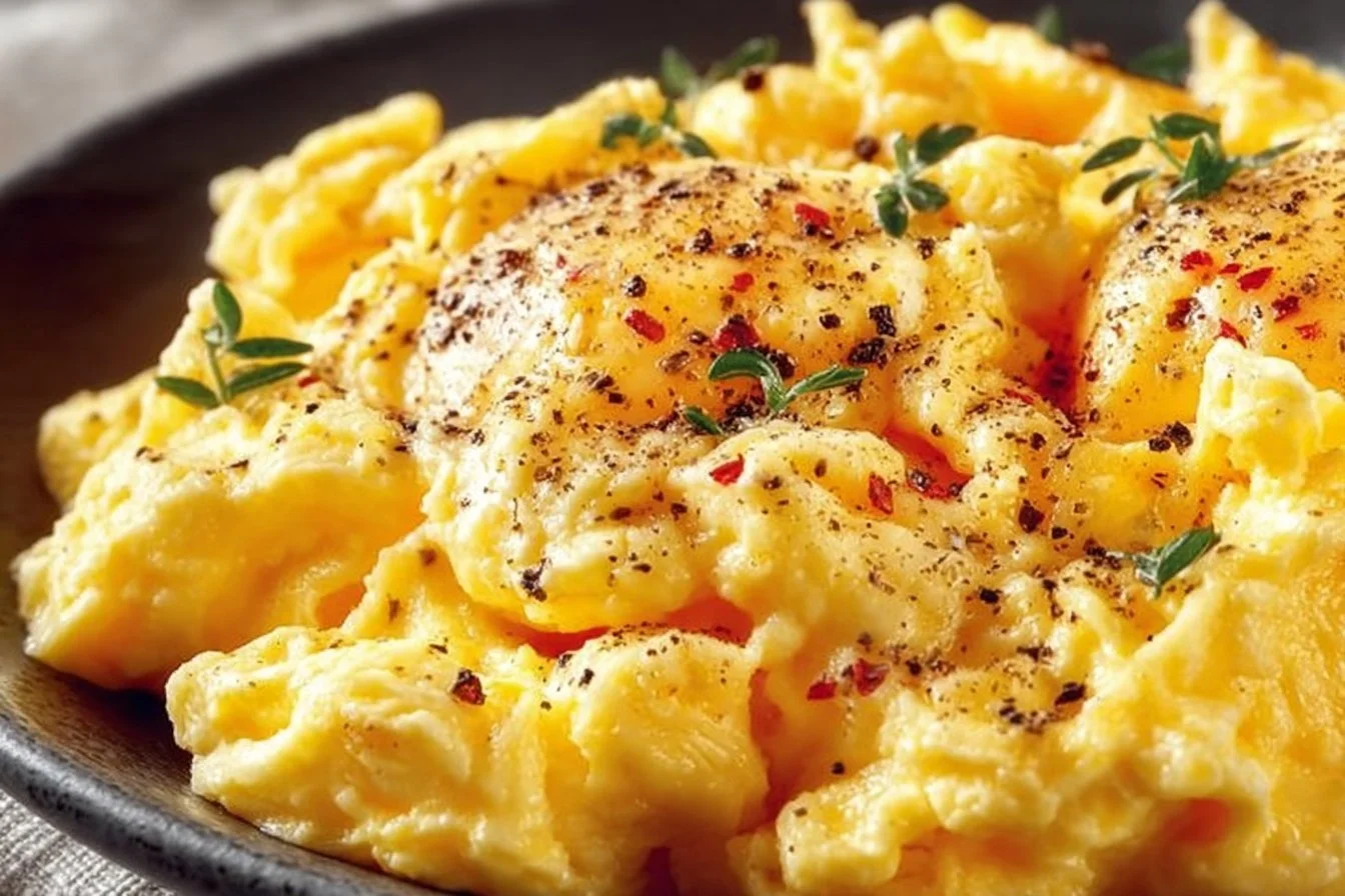 Delicious Cheesy Scrambled Eggs served on a plate with herbs.