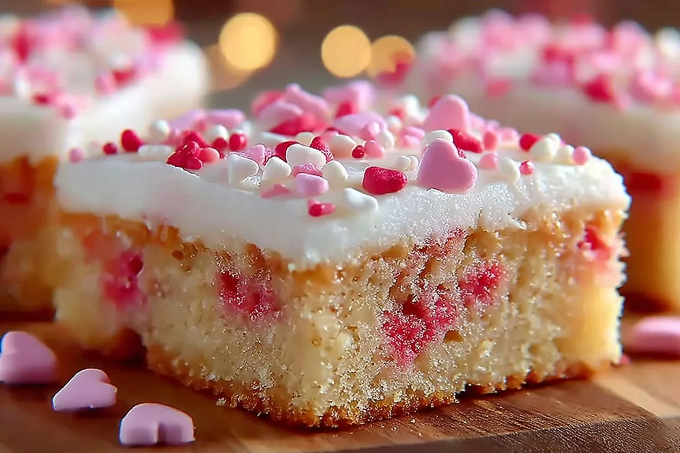 Chewy Valentine sugar cookie bars topped with colorful sprinkles