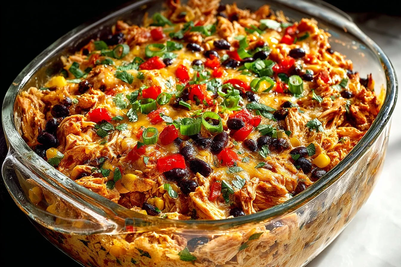 Delicious Chicken Burrito Casserole topped with cheese and fresh ingredients
