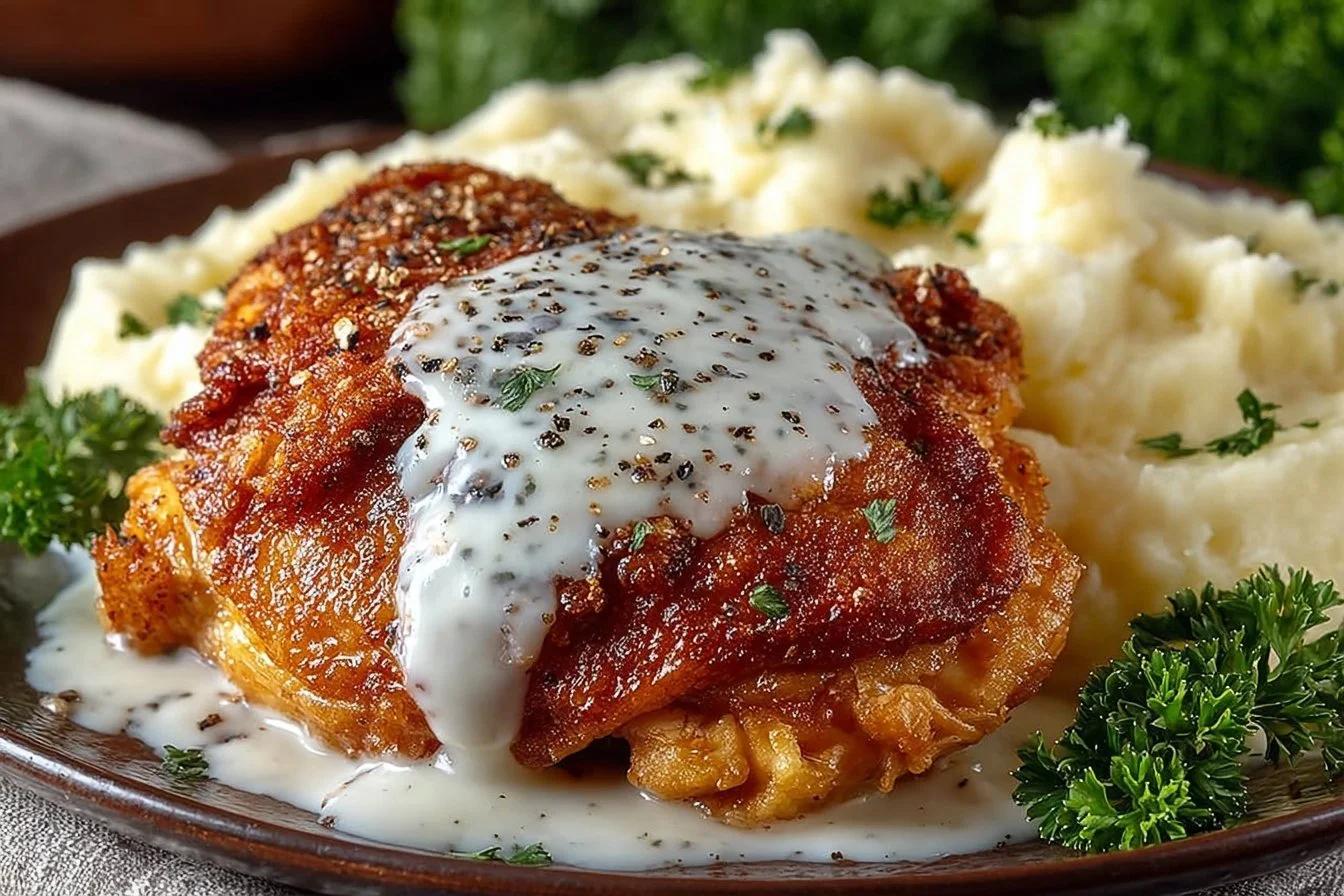 Delicious chicken fried chicken served with sides on a plate
