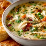 A bowl of creamy Chicken Pot Pie Soup garnished with herbs and spices