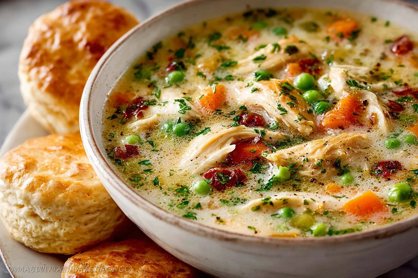 A bowl of creamy Chicken Pot Pie Soup garnished with herbs and spices