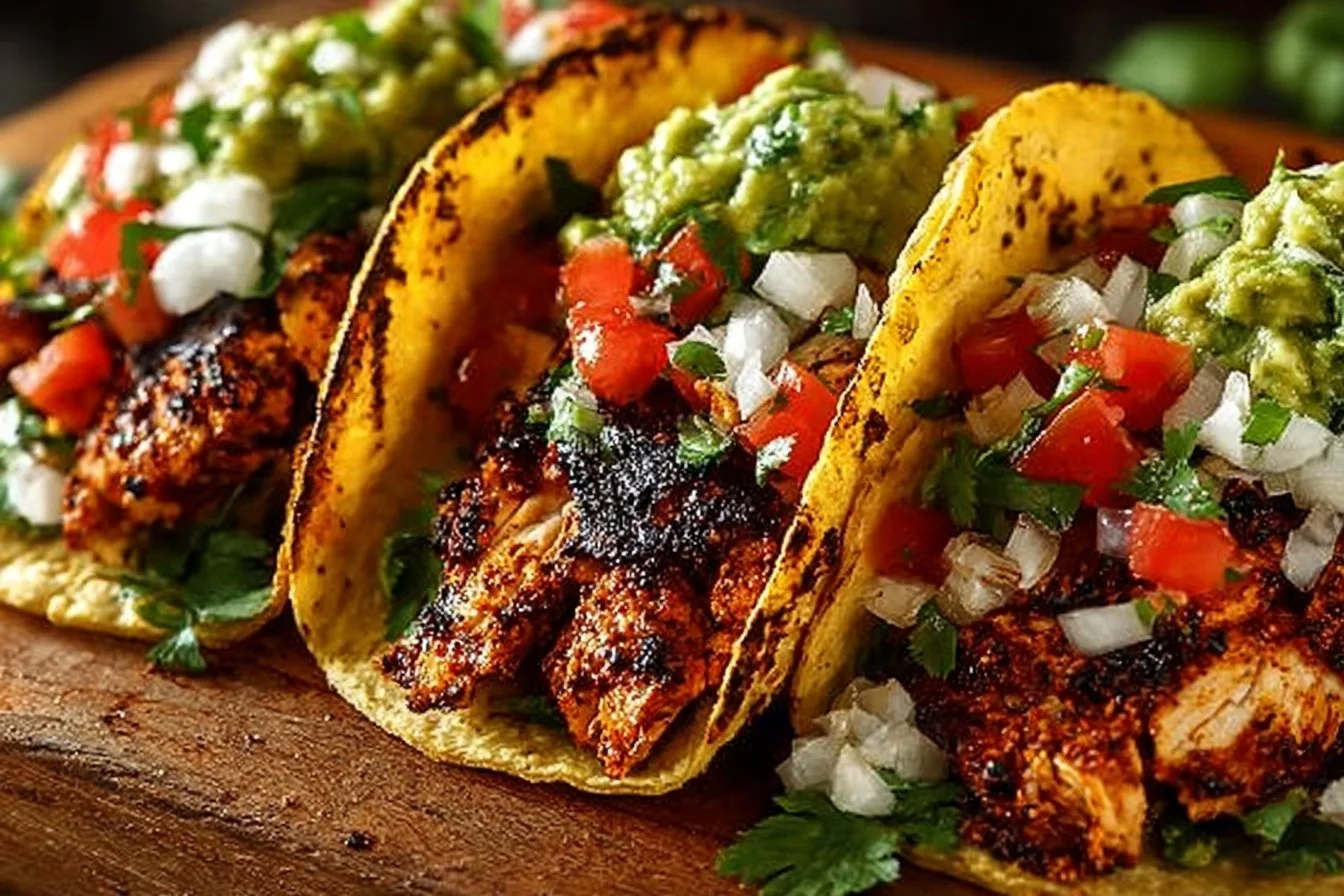 Delicious Chicken Street Tacos topped with fresh cilantro and diced onions.