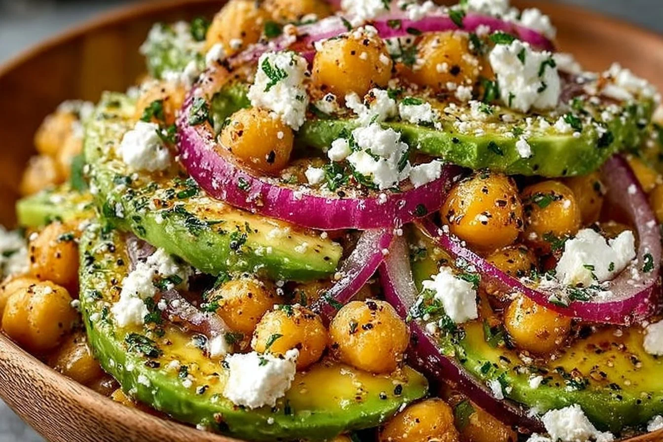 Chickpea Feta Avocado Salad with fresh ingredients in a bowl