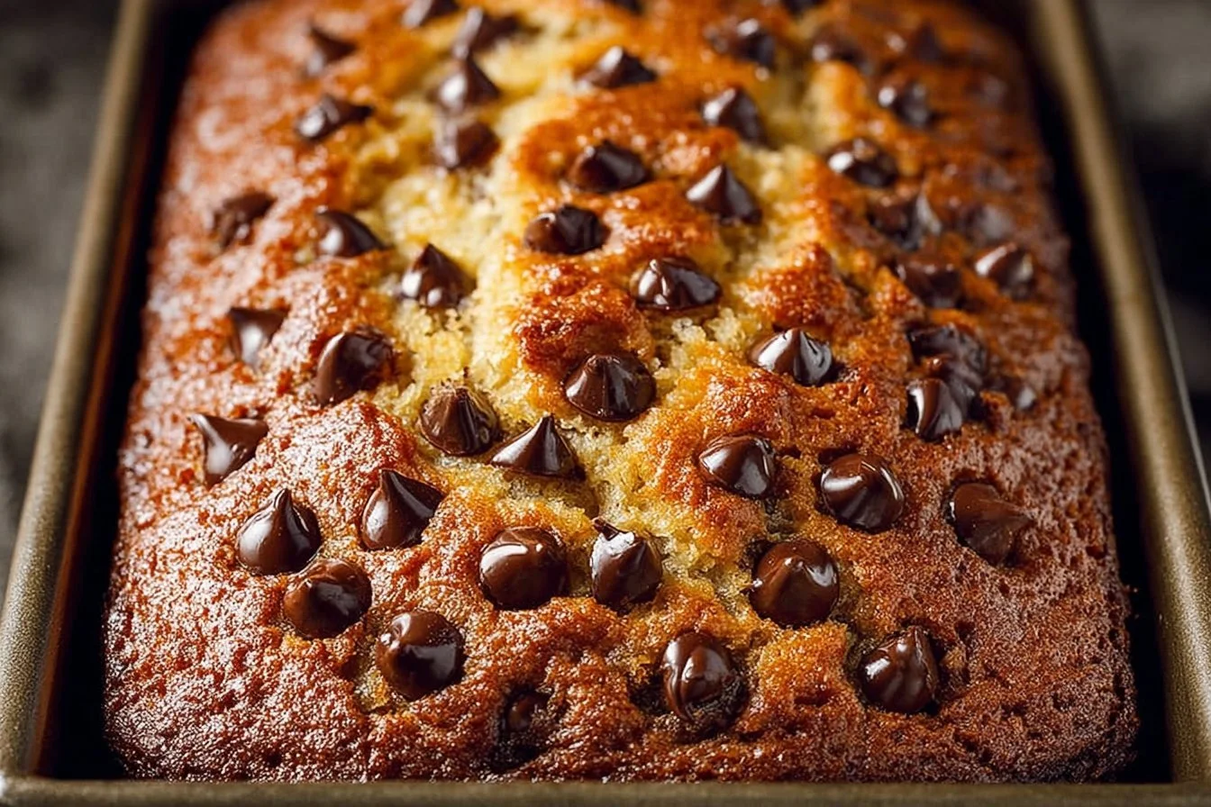 Delicious chocolate chip banana bread fresh out of the oven.
