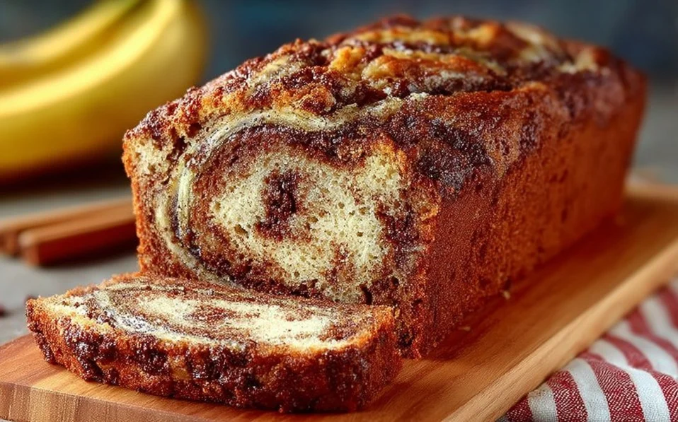 Freshly baked cinnamon swirl banana bread with an aromatic aroma.