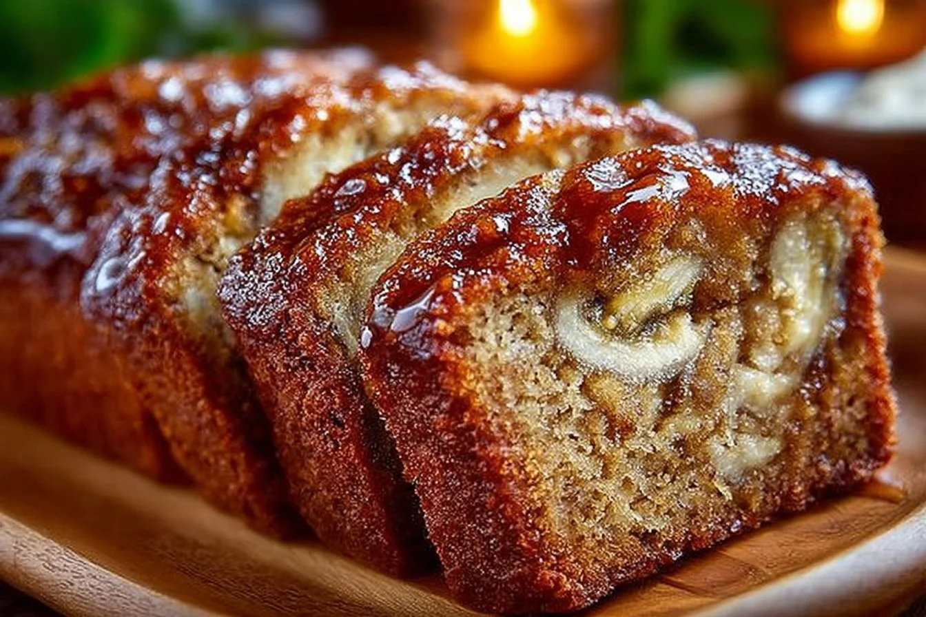 Sliced cinnamon swirl banana bread on a wooden cutting board