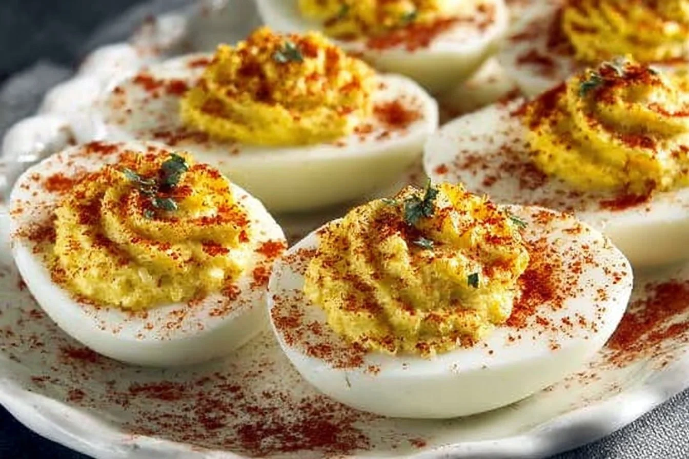 Plate of classic deviled eggs garnished with paprika and herbs