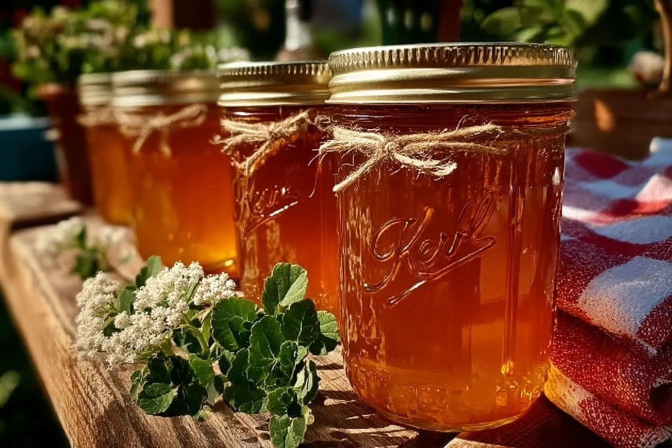 A jar of Clover-Blossom Jelly with a vintage spoon on a wooden table.