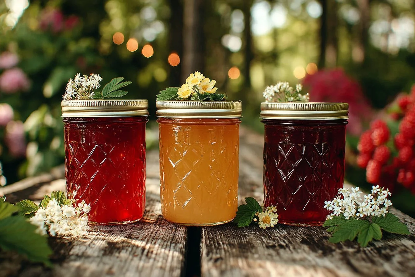 Jar of homemade Clover Jelly on a wooden table